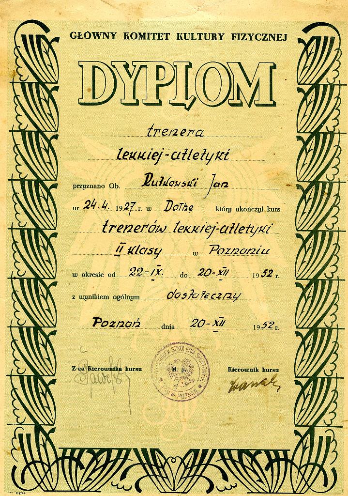 KKE 3216.jpg - Dyplom, Jana Rutkowskiego trenera letkiej atletyki II klasy, Poznań, 1952 r.